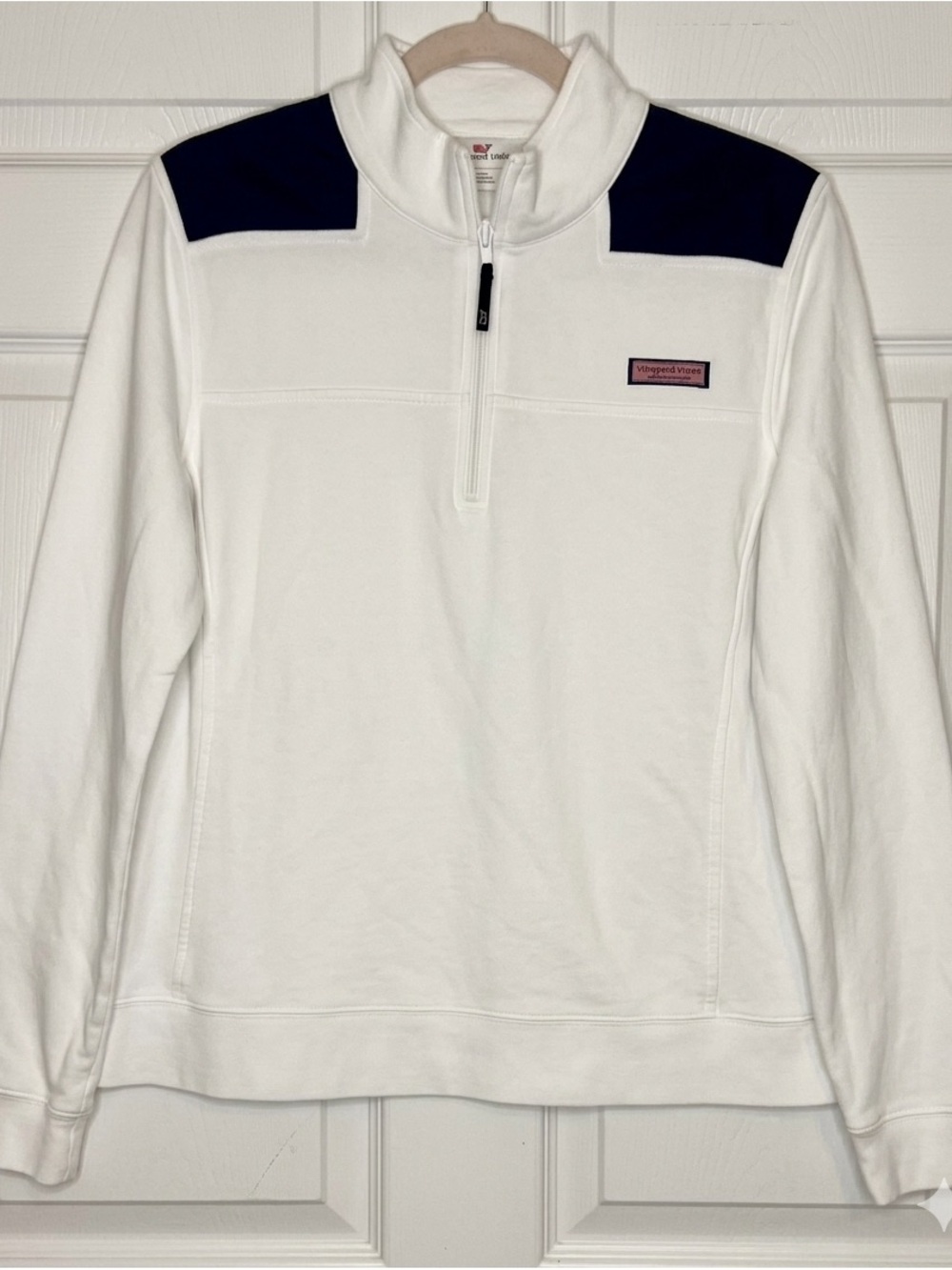 Vineyard Vines White Quarter-Zip Pullover with Navy Shoulder Panels